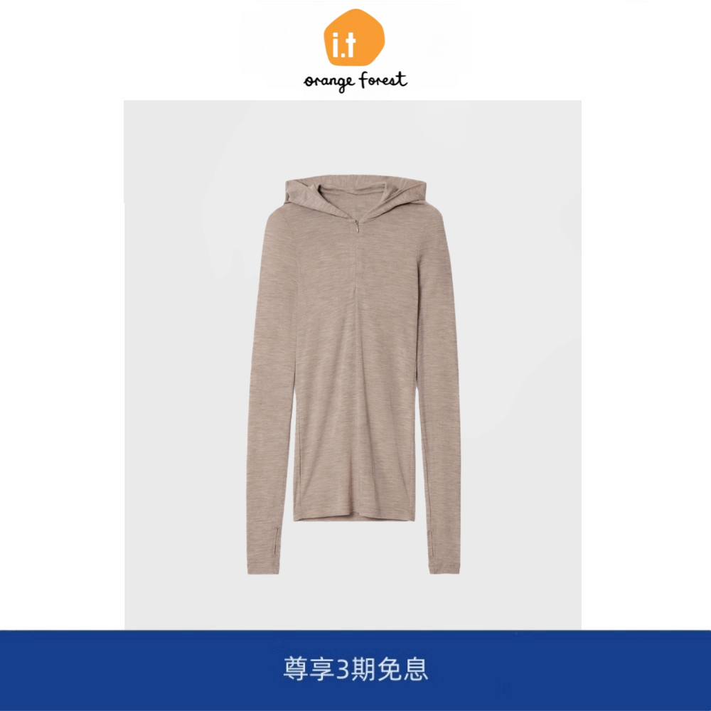 it :orange forest半门襟羊毛连帽打底衫女 2025春季指孔长袖上衣
