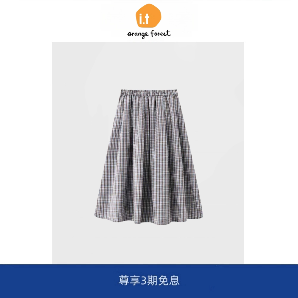 it :orange forest格子半身裙酒红色休闲松紧腰棉质裙子