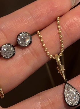 千金感两件套轻奢黑锁边闪钻水滴吊坠项链法式泡泡钻耳钉新款