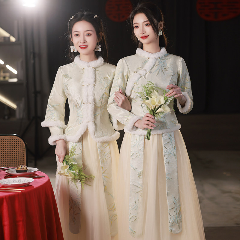 租借中式伴娘服冬季加绒保暖2025新款香槟色长袖显瘦姐妹服伴娘团
