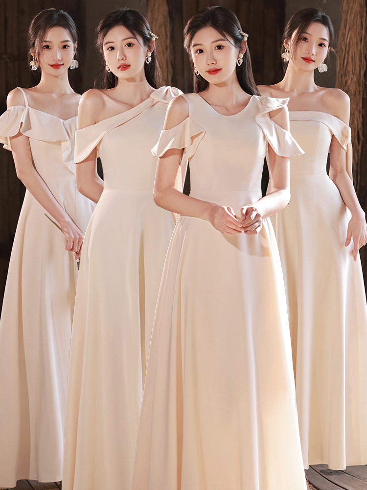租赁缎面伴娘服2024新款春夏季香槟色姐妹团晚礼服长裙女平时显瘦