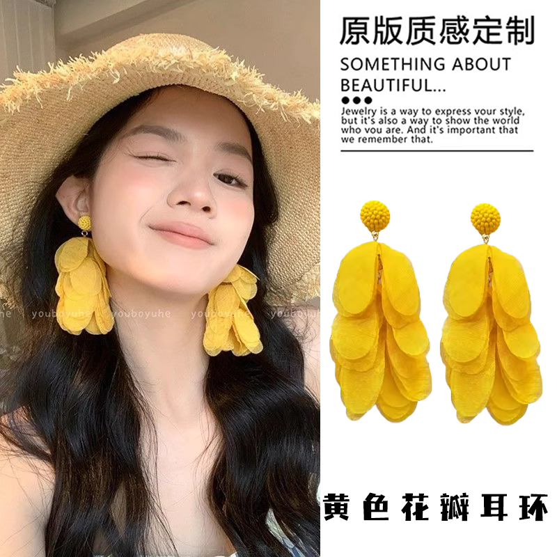 等海来信！超仙气质黄色花瓣流苏耳环女高级独特耳坠花朵耳饰耳钉