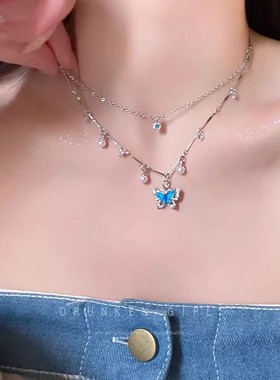 夏天海蓝珍珠蝴蝶项链ins女新款