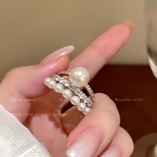 珍珠王冠！双层珍珠锆石戒指女2025设计叠戴食指戒小众高级感指环