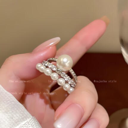 珍珠王冠！双层珍珠锆石戒指女2025设计叠戴食指戒小众高级感指环