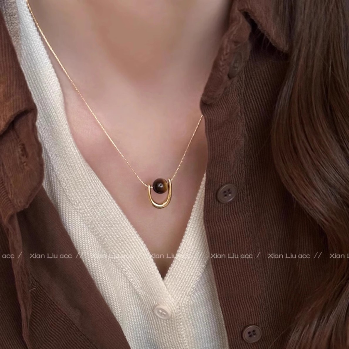 金色U形虎眼石项链女复古小众