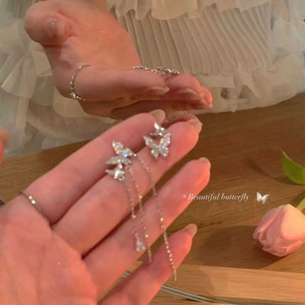 长款不对称蝴蝶流苏耳环女小众设计感高级轻奢气质耳钉爆款耳饰品