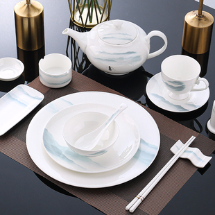 酒店陶瓷摆台餐具套装高档会所餐具包厢饭店简约盘碗骨瓷渔舟唱晚