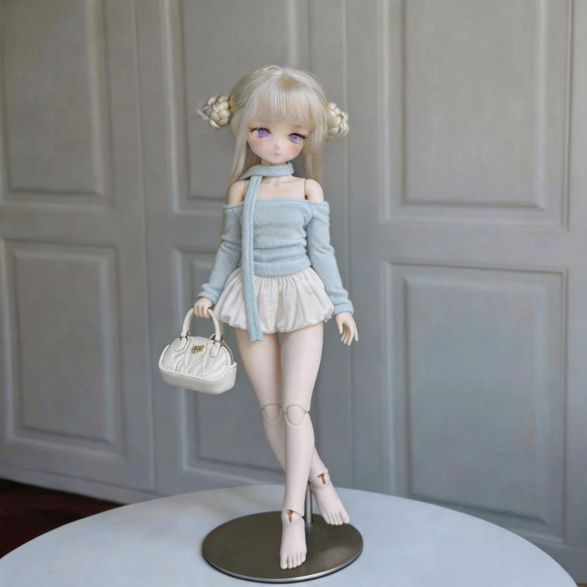 BJD ob22/ob24娃衣 一字肩浅蓝色上衣短裙套装图片