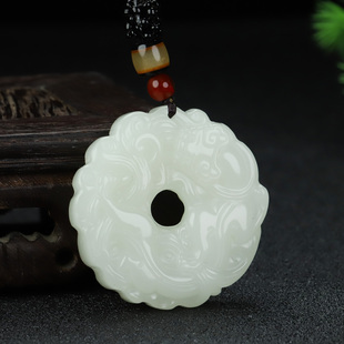 新疆和田玉白玉貔貅平安扣吊坠玉石双面雕刻招财草龙貔貅挂件玉佩