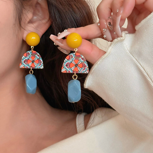 春夏复古耳环巴洛克夸张港风小众设计耳饰2025民族风黄蓝撞色耳夹