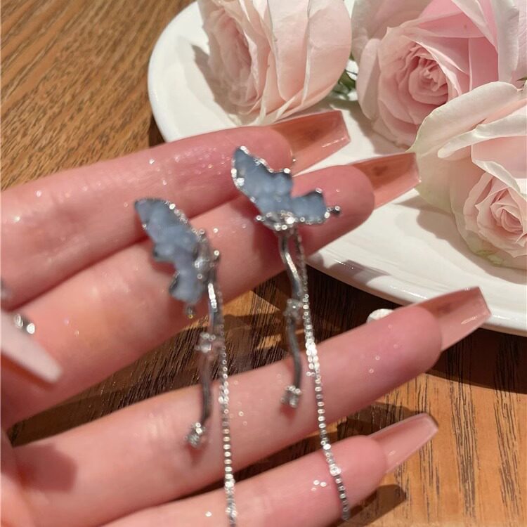 S925银针蓝色蝴蝶耳钉女轻奢风小众设计感简约时尚流苏款耳饰配饰,饰品/流行首饰/时尚饰品新,耳环,淘宝优惠券,粉丝福利购,淘宝优惠卷