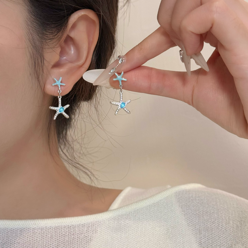 蓝色锆石海星耳钉耳坠女高级感新款耳环耳饰海边度假风无耳洞耳夹