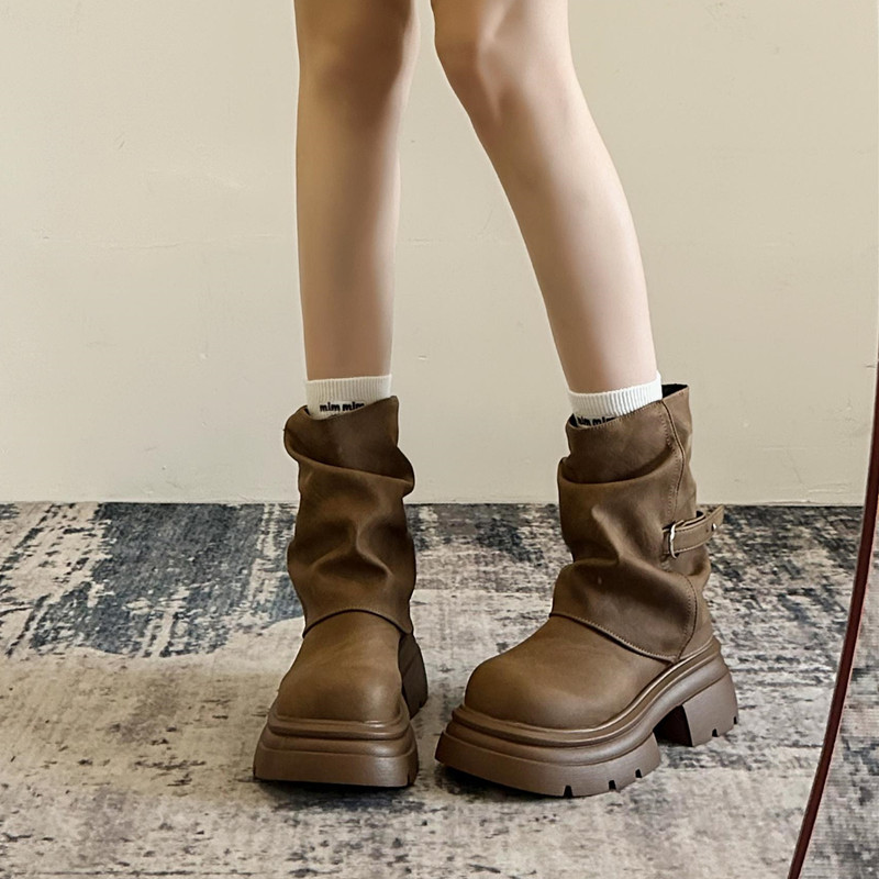 英伦美拉德棕色厚底增高马丁靴女