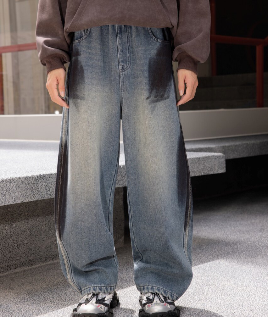 美式弯刀牛仔裤男士秋冬宽松直筒冬季加绒加厚青少年休闲裤子男款