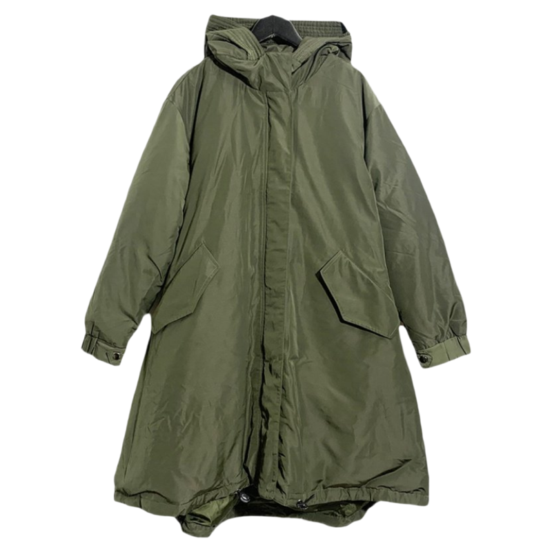 圣迪家女式字母贴布A字版连帽工装防风中长款斗篷羽绒服2416