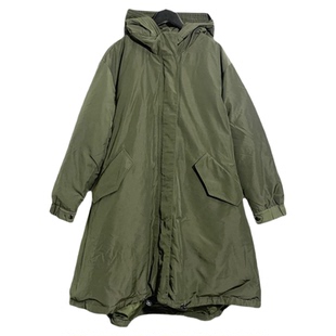 圣迪家女式字母贴布A字版连帽工装防风中长款斗篷羽绒服2416