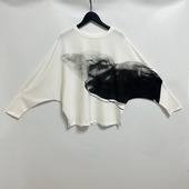 圣迪家女士圆领套头宽松水墨晕染下摆开衩蝙蝠针织衫 T恤