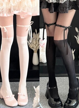 白色小花边蕾丝过膝袜JK日系假大腿带绳洛丽塔半腿袜女打底连裤袜
