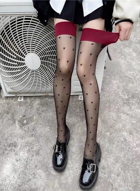 黑色薄性感丝袜红边黑丝长筒波点爱心过膝袜子网红御姐风高筒袜