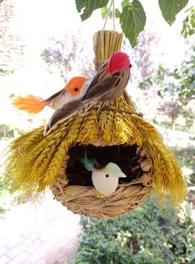 鸟巢天然麦穗草编田园风情景吊饰