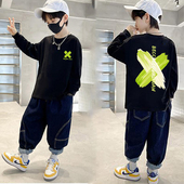 男童t恤长袖 童装 秋季 儿童中大童男孩上衣半袖 潮 打底衫 100%纯棉