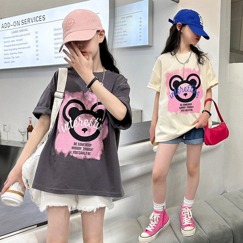 女童纯棉短袖t恤中大童夏季韩版印花上衣儿童帅气女孩宽松体恤衫