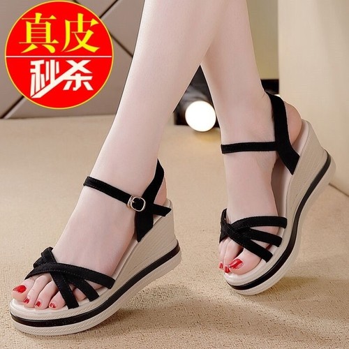 断码清仓品牌鞋真皮坡跟凉鞋女夏2025新款百搭外穿厚底防滑高跟鞋