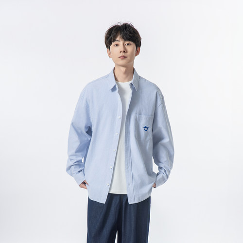 YOKE  STUDIO 2025新款笑脸刺绣条纹衬衫日系宽松休闲长袖衬衣男