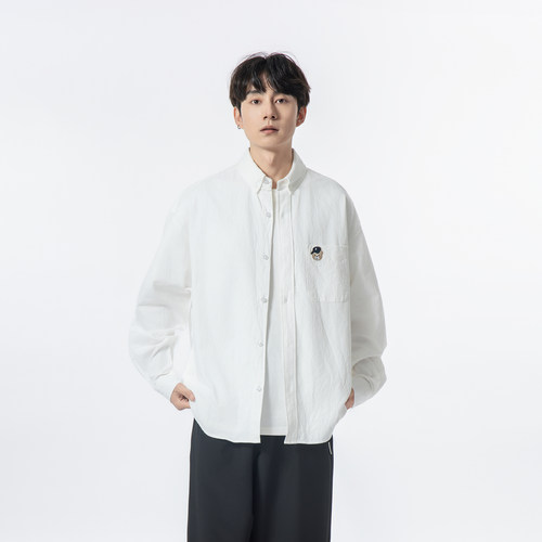 YOKE STUDIO 秋季新款日系宽松小熊图案纯色长袖衬衫纯棉上衣男