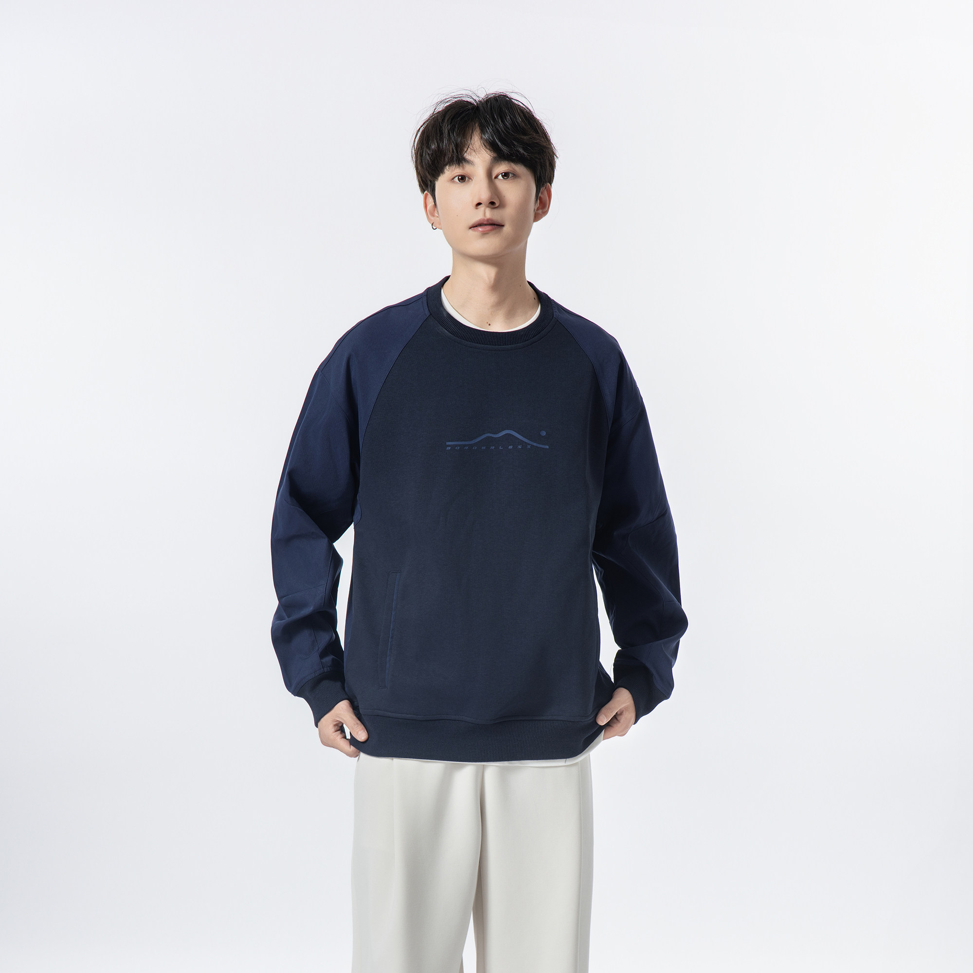 YOKE  STUDIO 秋季拼接圆领插兜卫衣男日系休闲套头薄款长袖外套