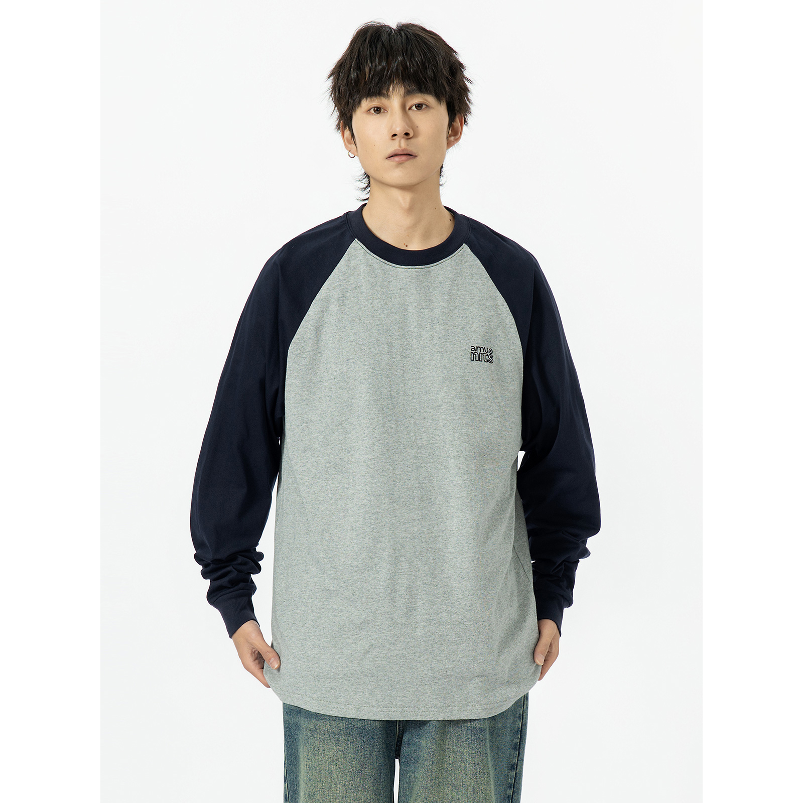 美式复古撞色插肩长袖圆领T恤