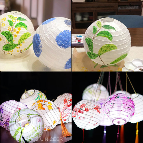 白色圆形纸灯笼中秋绘画挂饰