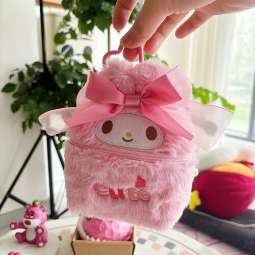 少女心粉纱粉小兔毛绒小收纳包便携可挂零钱包口红耳机包首饰包