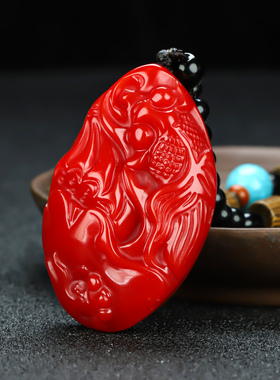 新疆和田玉鸡血石莲年有鱼挂件原石红玉富贵有余金鱼手把件腰挂件