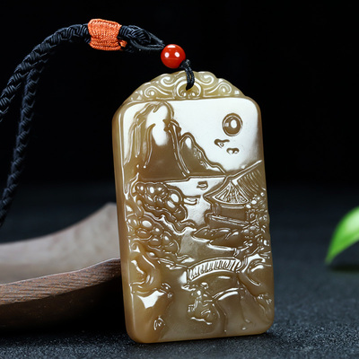 天然和田玉糖料山水吊坠项链挂件新疆玉大好河山玉牌挂坠平安牌