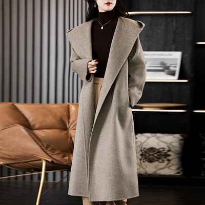毛呢外套连帽双面羊绒大衣女士