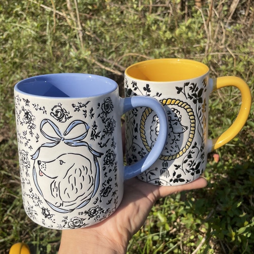 陶瓷杯手绘金毛贵宾狗狗马克杯高颜值水杯咖啡杯卡通情侣杯子新款