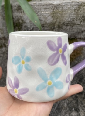 【纯手工手绘】紫色花朵陶瓷大肚杯外贸尾货微瑕马克杯早餐茶杯子