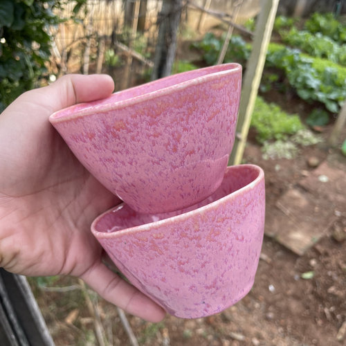 两只超美粉红窑变釉下彩陶瓷米饭碗艺术不规则吃饭碗家用调理小碗