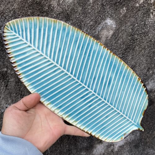 精致蓝色平底芭蕉叶盘13英寸水果盘子甜点盘子陶瓷ins风家用酒店