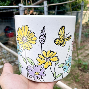 手绘蝴蝶艳丽花朵陶瓷筷子筒中罐厨房汤勺饭勺收纳罐种花盆干花筒
