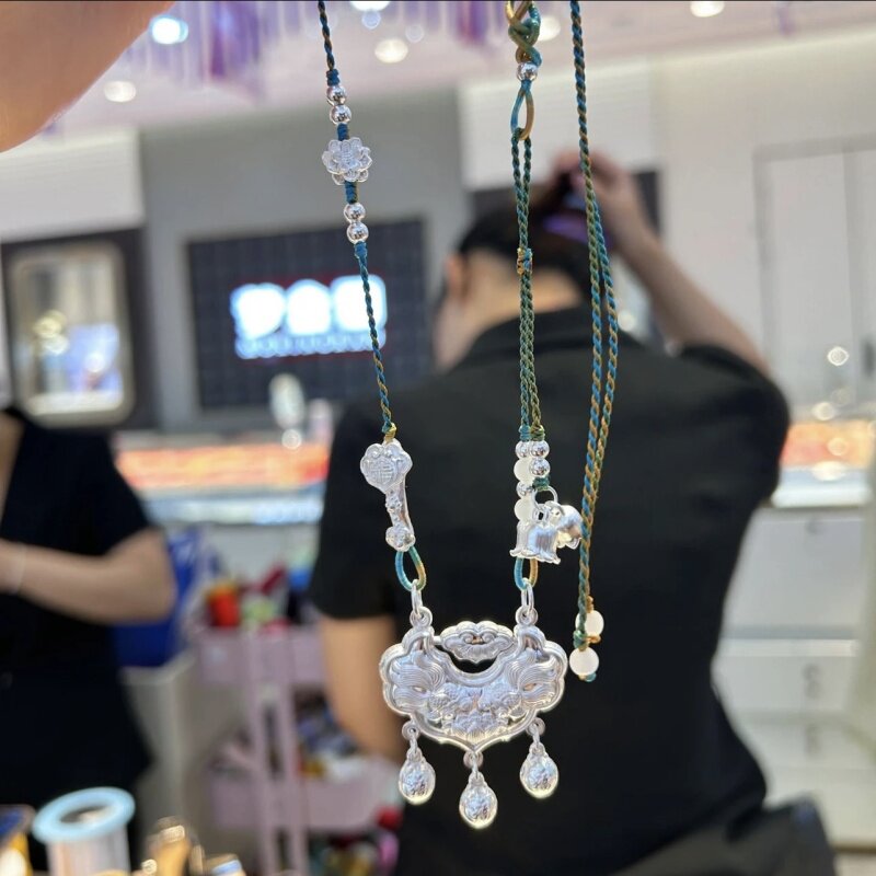 阿星手作 足银双鱼莲花锦鲤锁带铃铛手工编织民族风中式风格