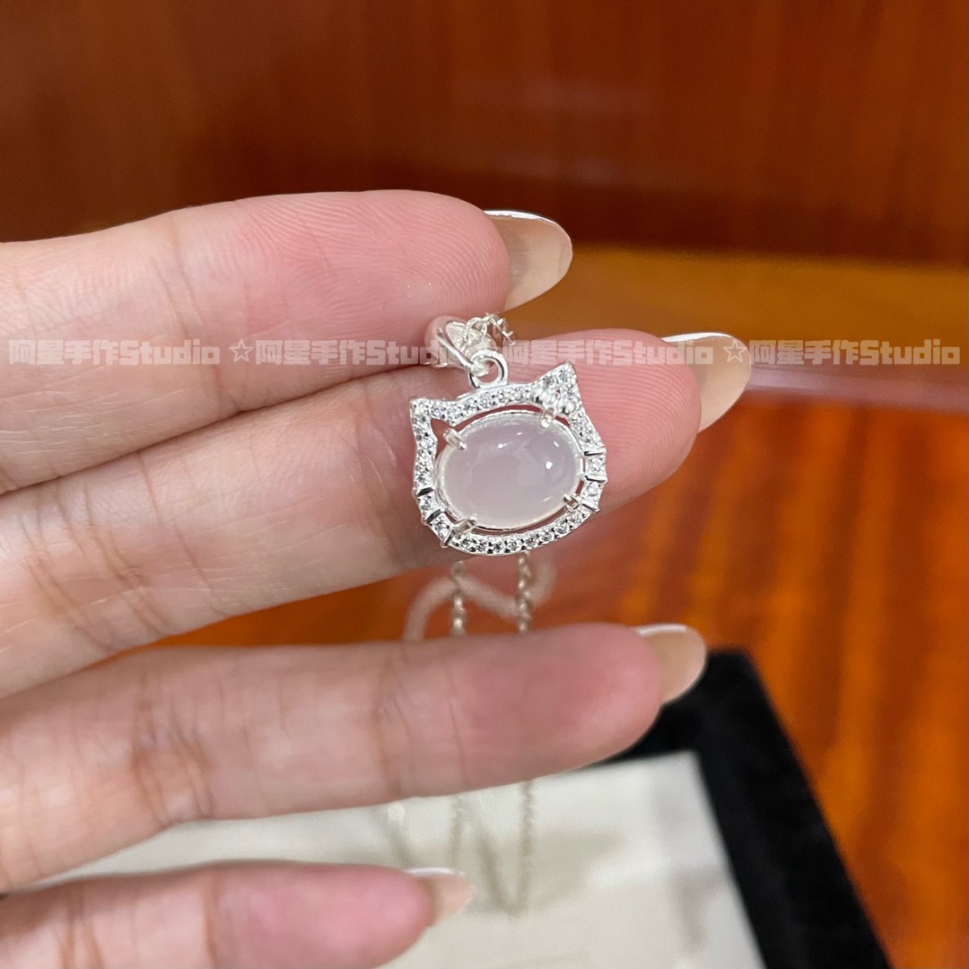 阿星手作玉髓kt猫头纯银项链足银