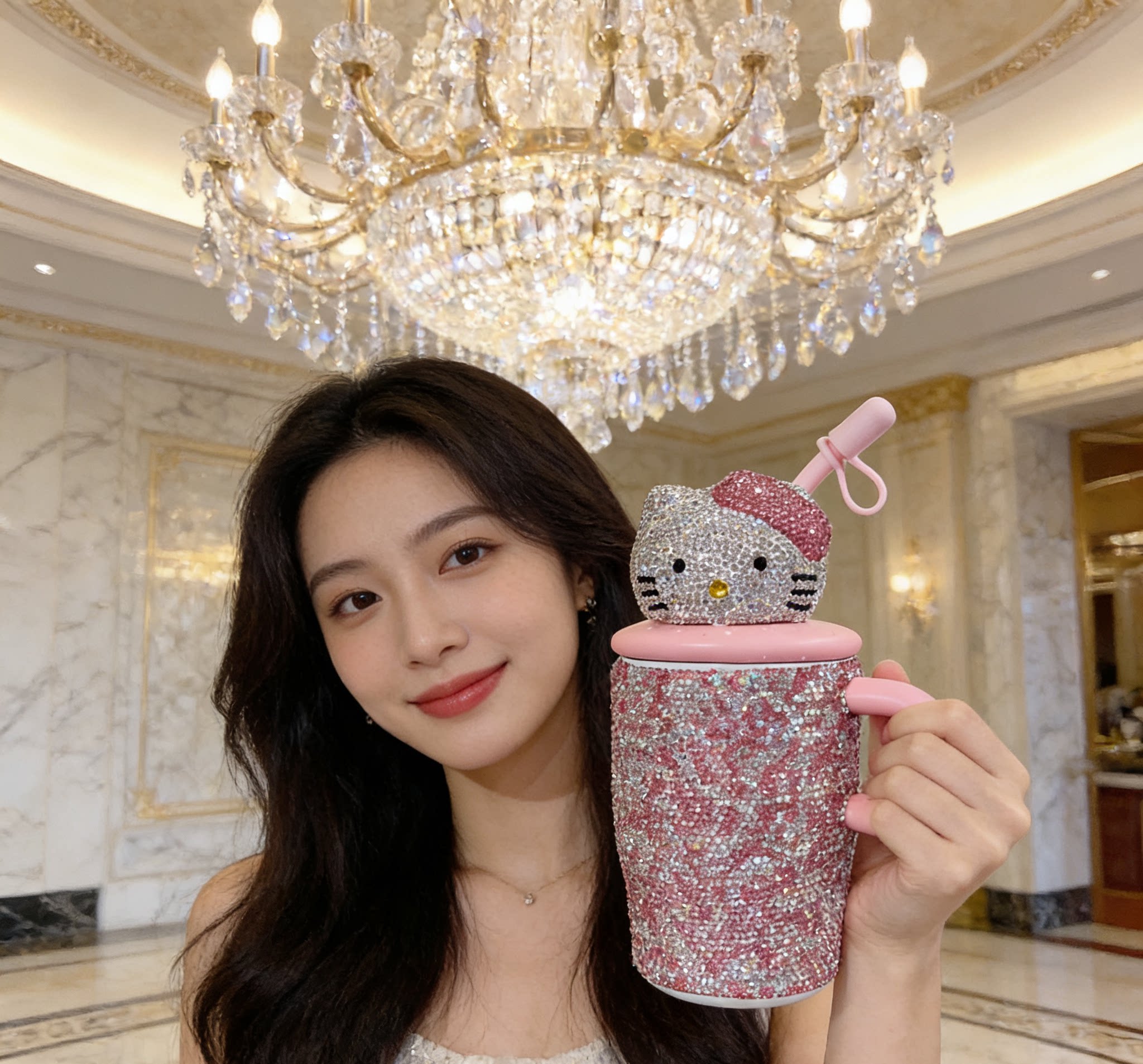 重工手工镶钻冰霸杯女生高颜值可爱吸管杯车载便携KT猫保温杯子