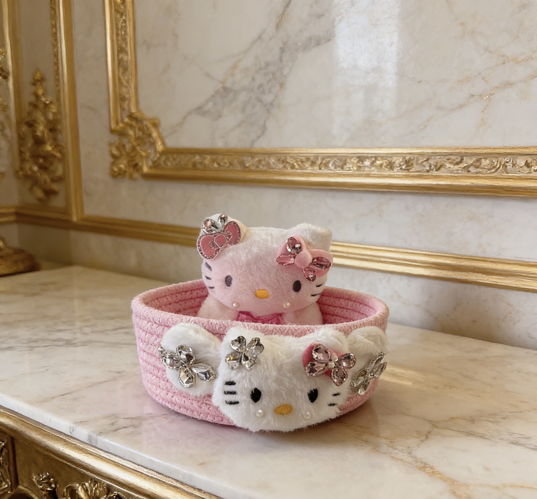 镶钻可爱kitty猫收纳筐桌面化妆品收纳盒零食玩具杂物收纳篮