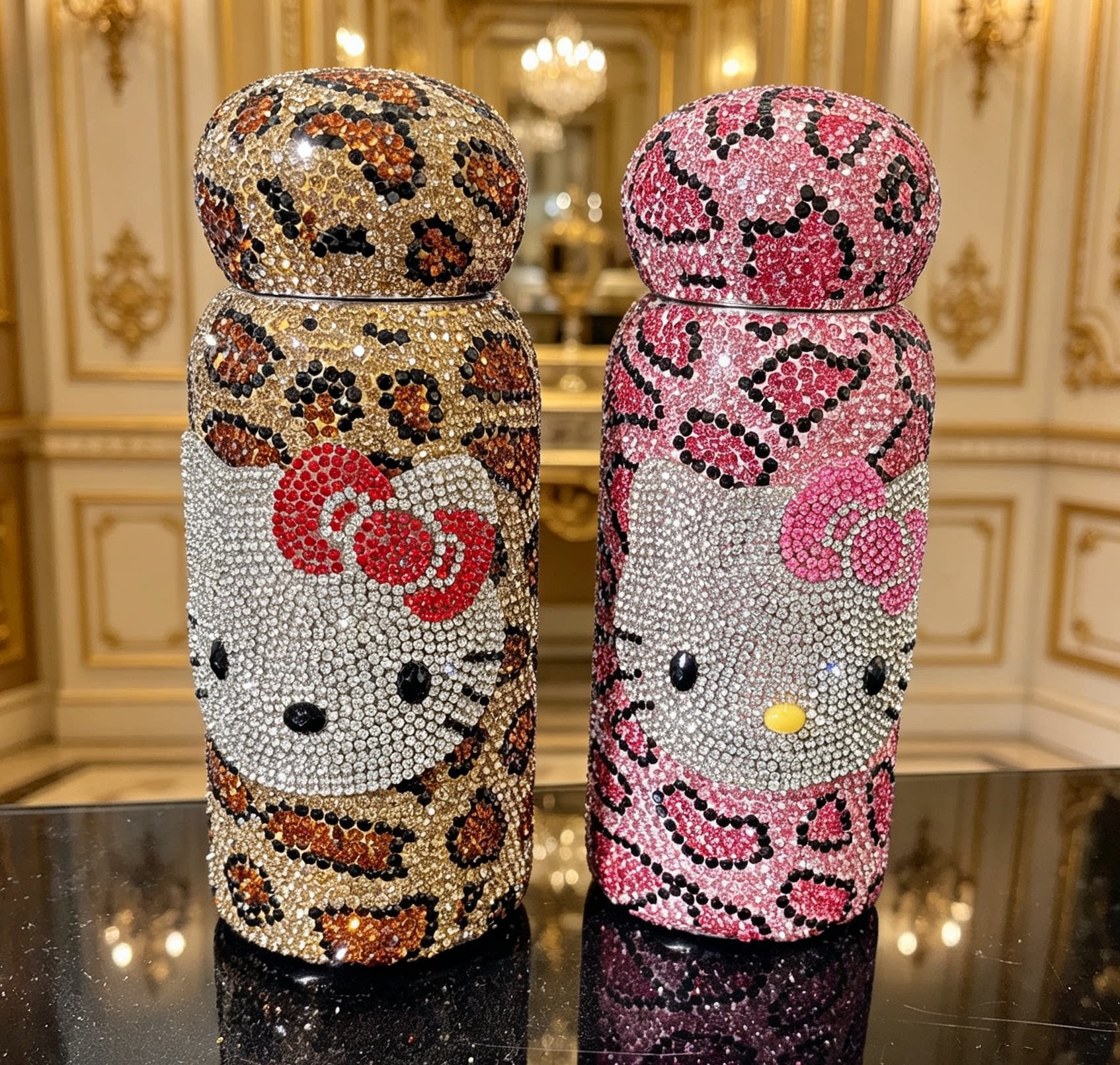 镶钻豹纹保温杯不锈钢口袋杯高颜值女杯子礼物可爱KT镶钻满钻奢华