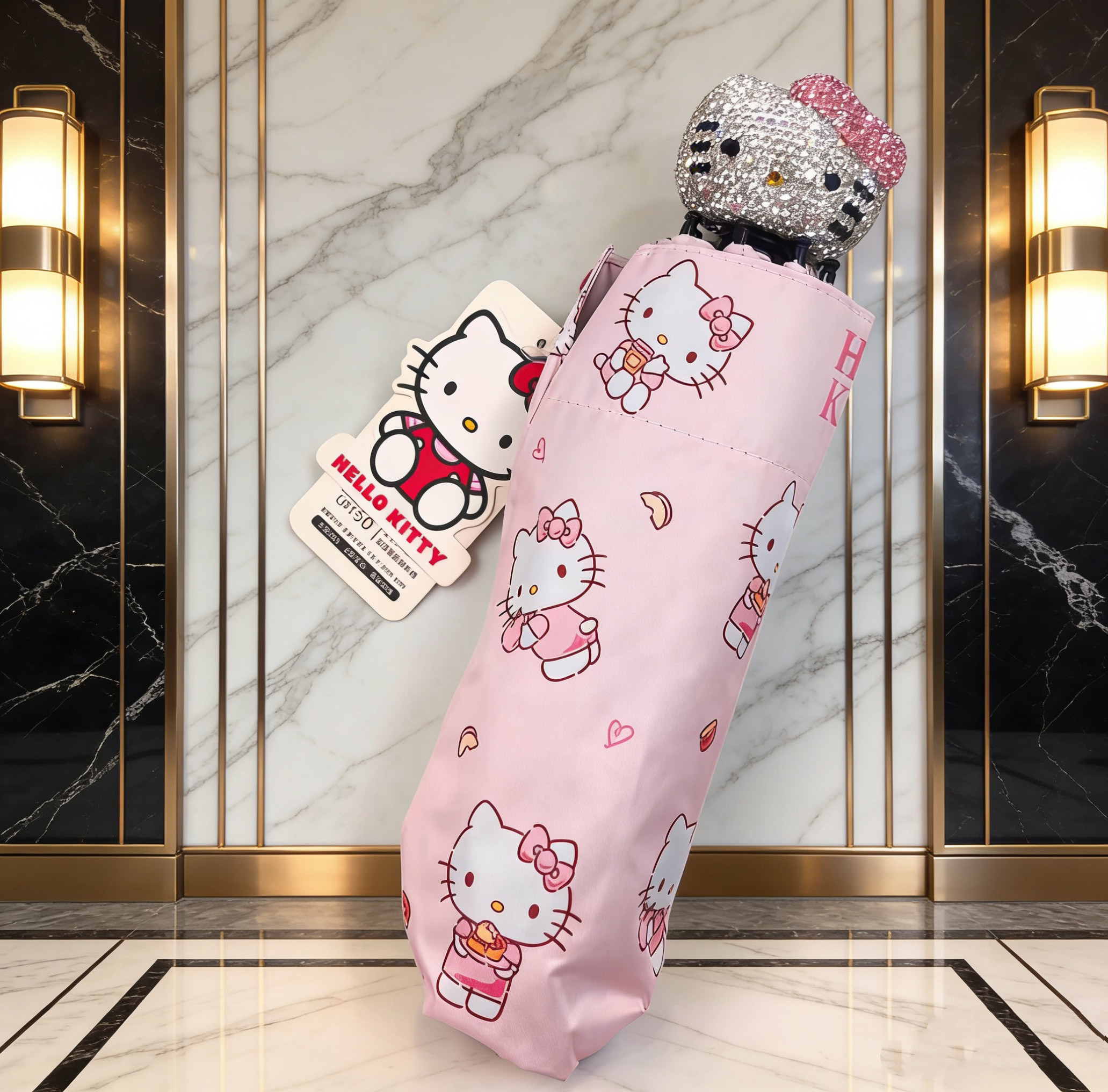 镶钻凯蒂猫可爱折叠自动黑胶晴雨两用防晒遮阳伞小巧便携防紫外线