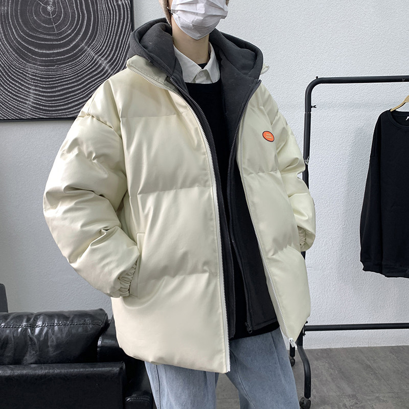 假两件连帽衣外套男港风休闲羽绒大码PU皮衣M5116P100,男装棉衣,星座1109-2