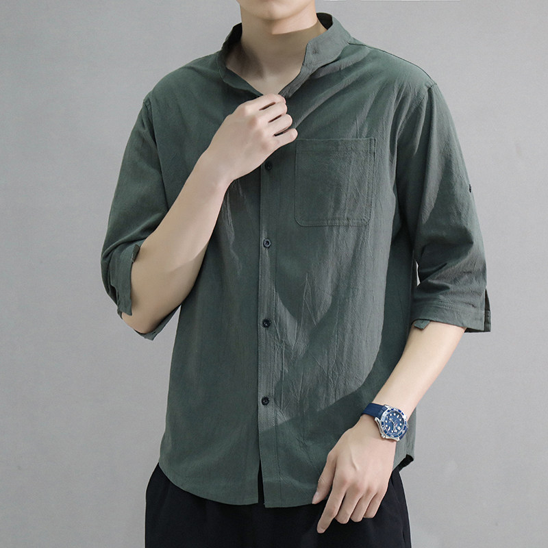 C1020-P24夏季立领五分中袖潮男士短袖衬衫七分袖大码衬衣男控38,男装卫衣,星座1109-2